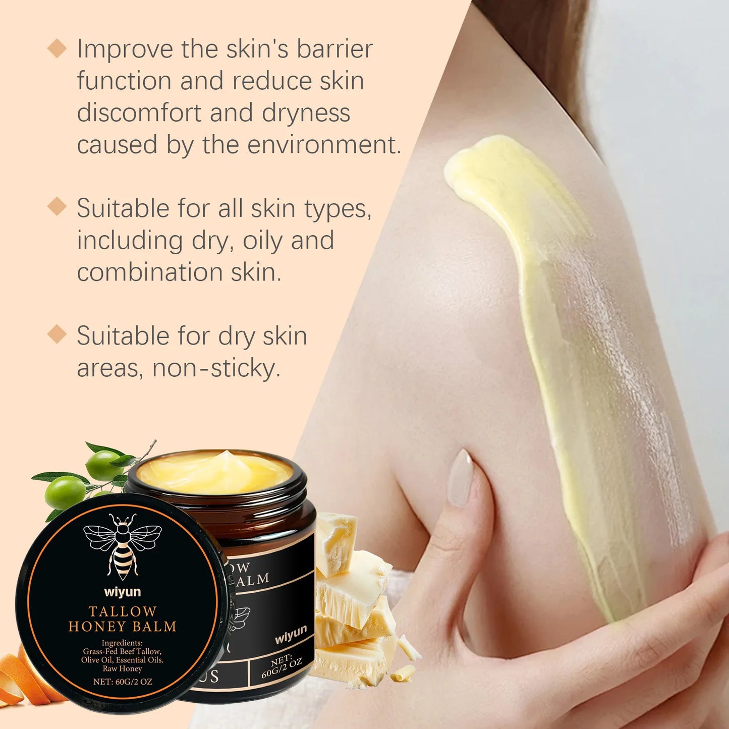Organic Grass Fed Beef Tallow Balm Raw Honey Moisturizing Soft Improve Elasticity Long-Lasting Smooth Hydrating Cream Skin Care